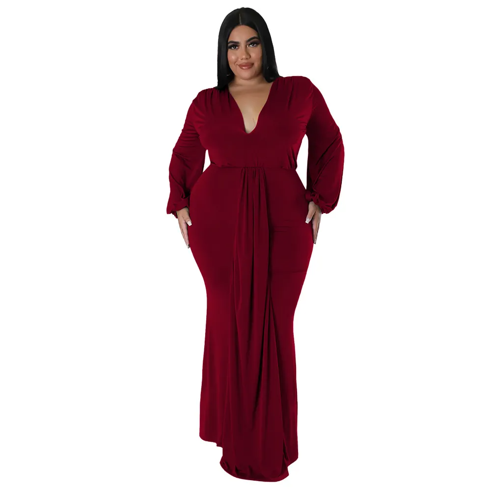 Celia Plus Size V-Neck Long Sleeve Maxi Dress Castello Clothing Line