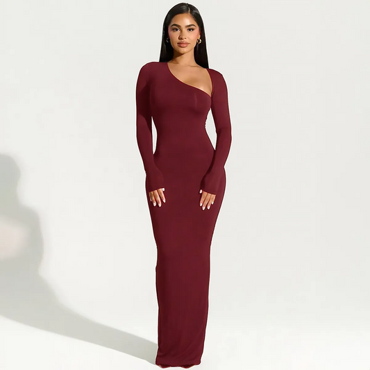 Vespera Asymmetrical Neck Long Sleeve Bodycon Maxi Dress maxi dress Castello Clothing Line