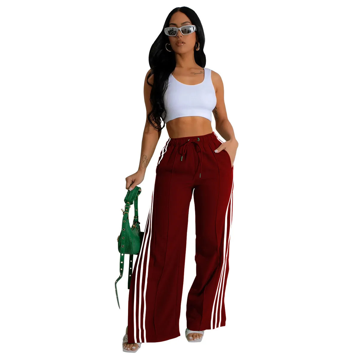 Maya High-Waisted Striped Split-Leg Wide-Leg Pants Castello Clothing Line