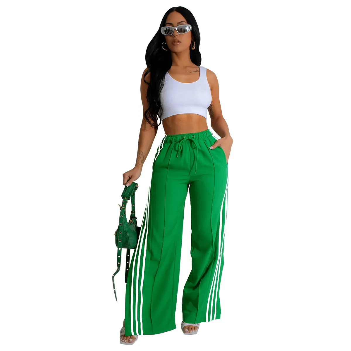 Maya High-Waisted Striped Split-Leg Wide-Leg Pants Castello Clothing Line