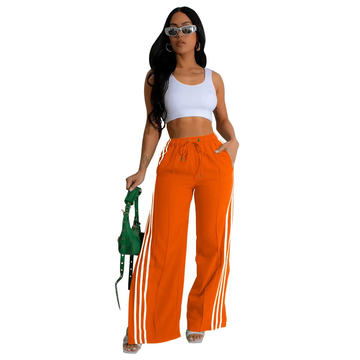 Maya High-Waisted Striped Split-Leg Wide-Leg Pants Castello Clothing Line