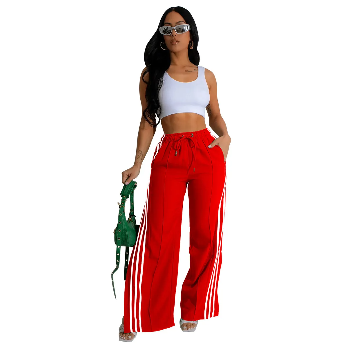 Maya High-Waisted Striped Split-Leg Wide-Leg Pants Castello Clothing Line