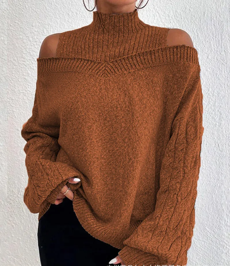 Exposed Knit Cold Shoulder Turtleneck Sweater Castello Clothing Line