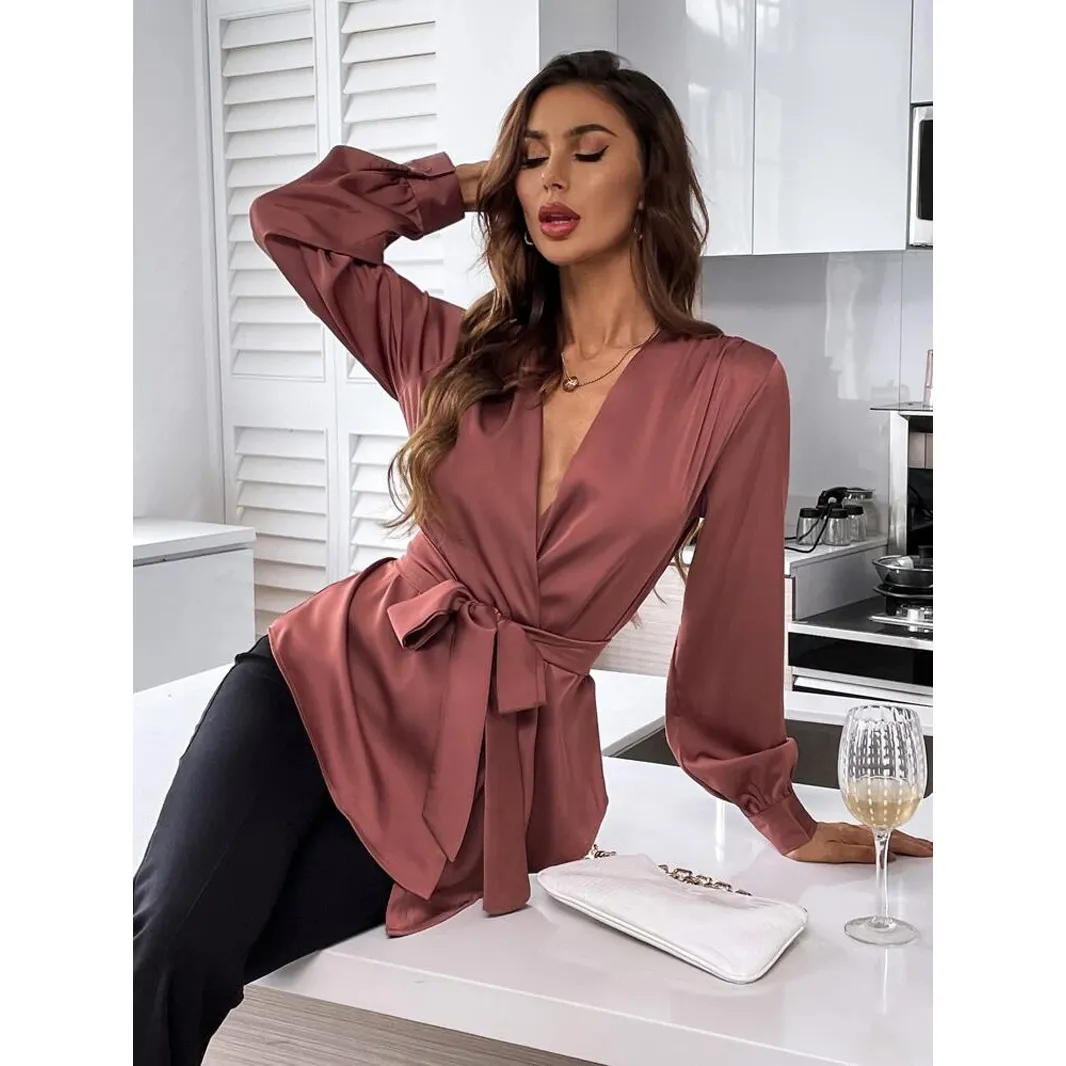 Goddess Wrap V-Neck Long Sleeve Belted Satin Blouse Castello Clothing Line