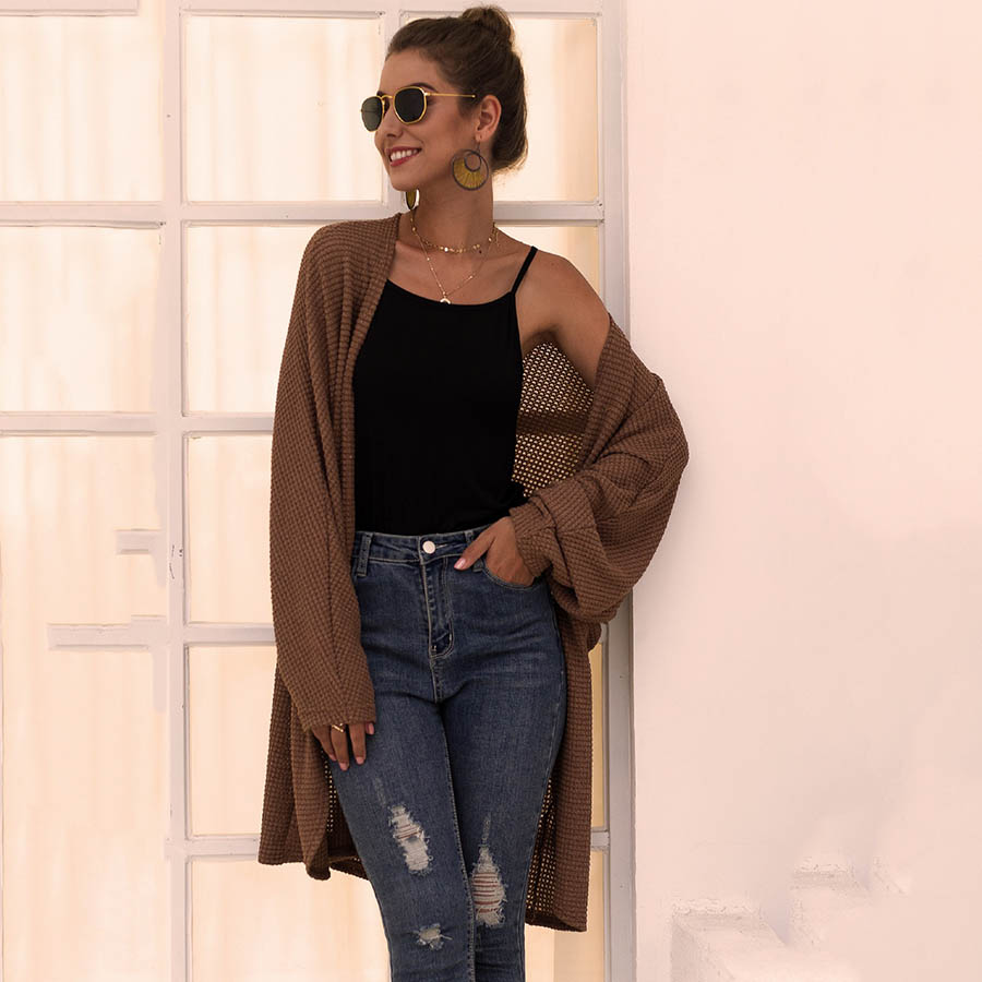 Unwind Open Front Waffle Knit Long Sleeve Cardigan Castello Clothing Line