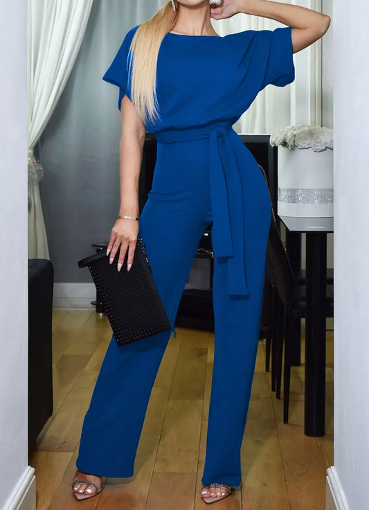 Kaylee Short-Sleeve Belted Wide-Leg Jumpsuit Castello Clothing Line