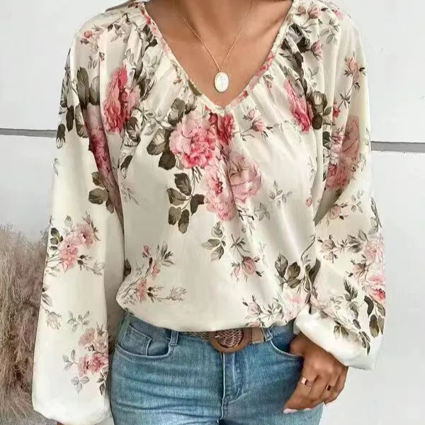 Floral Whispers V-Neck Balloon Sleeve Blouse  Castello Clothing Line   