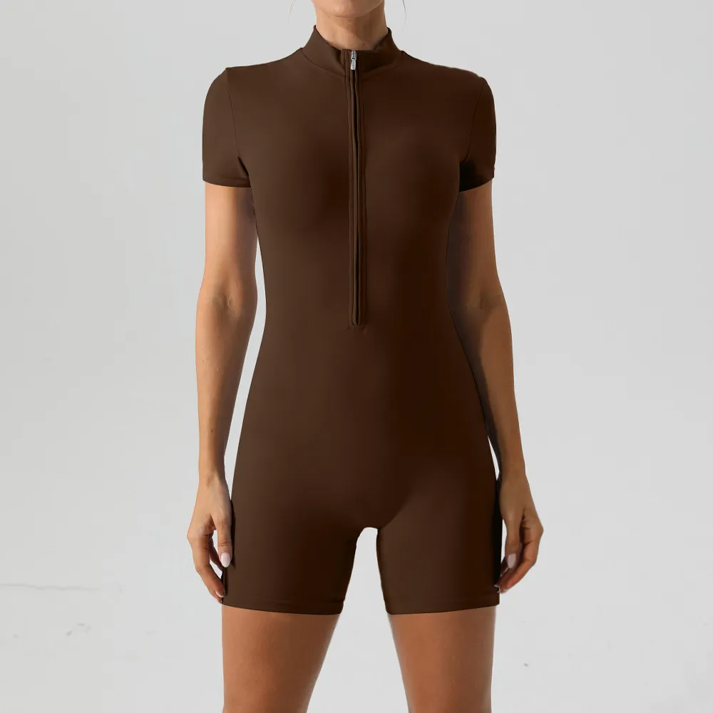 Lea Short Sleeve Zip Front Mock Neck Romper athletic rompers Castello Clothing Line