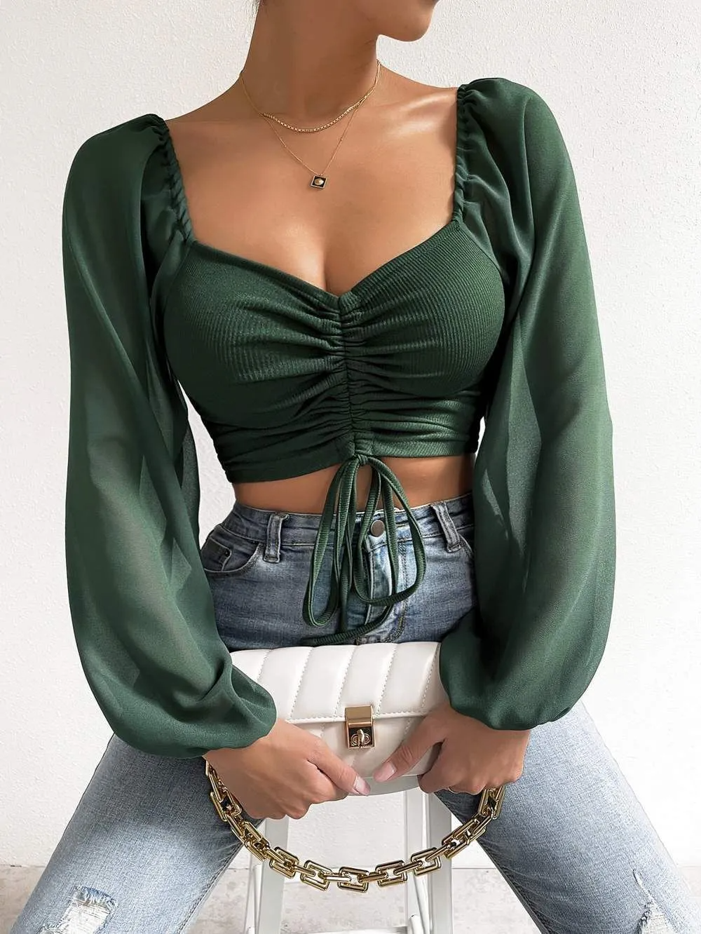 Finesse Ruched Drawstring V-Neck Long Sleeve Crop Top Castello Clothing Line