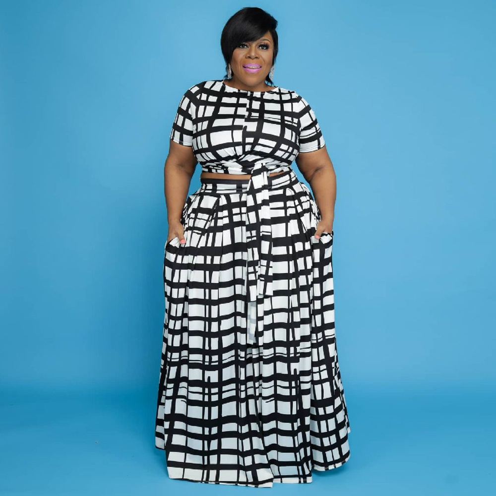 Plus Size Polyester Tie Blouse & Maxi Skirt 2-Piece Set  Castello Clothing Line   