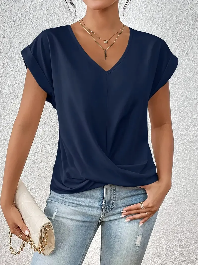Glint V-Neck Short Sleeve Draped Wrap Top Castello Clothing Line