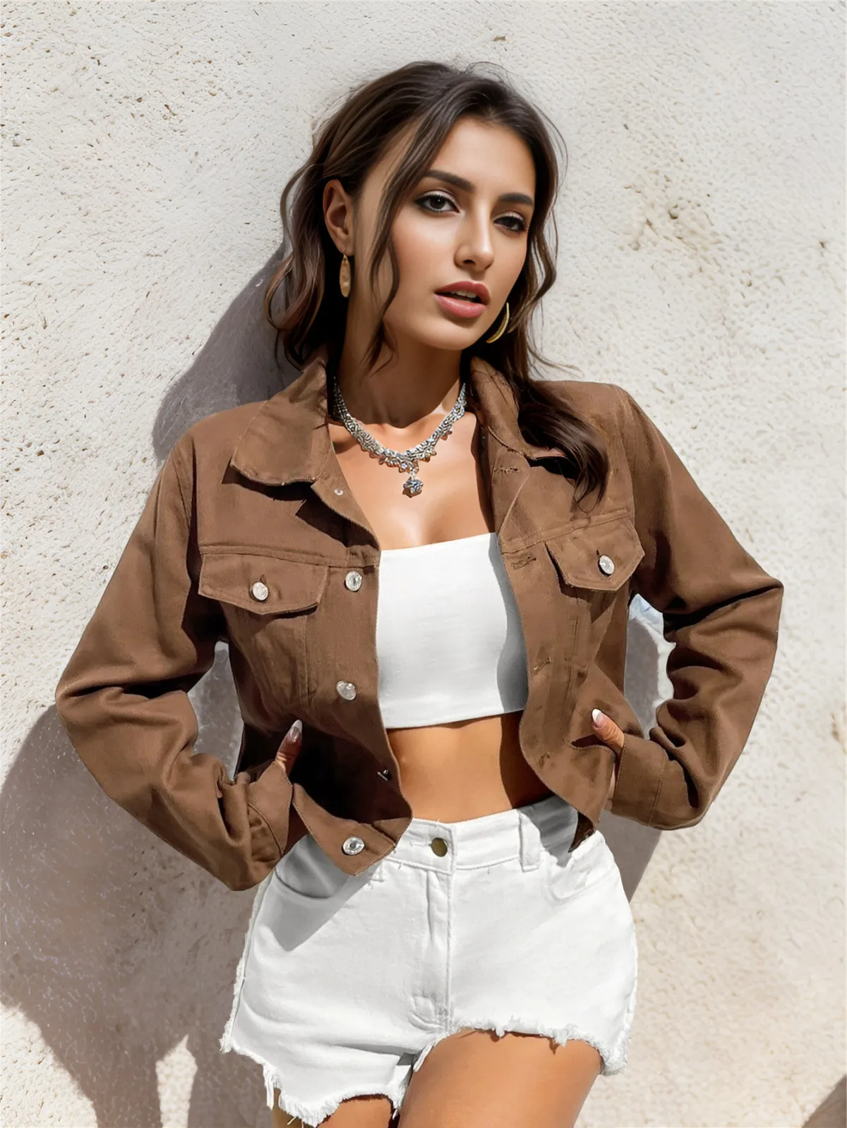 Momentum Cropped Button-Up Jean Jacket Castello Clothing Line