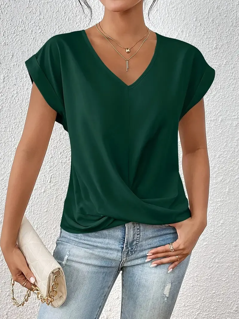 Glint V-Neck Short Sleeve Draped Wrap Top Castello Clothing Line