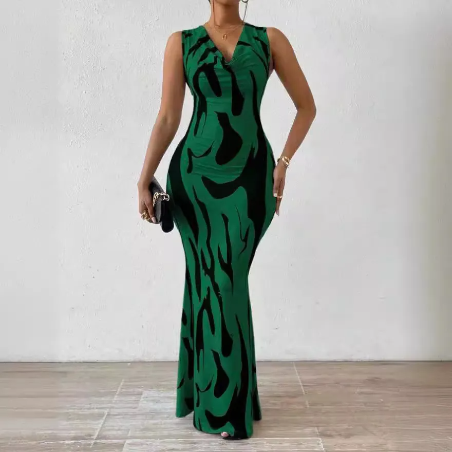 Genevieve Sleeveless Abstract Print Bodycon Maxi Dress maxi dress Castello Clothing Line