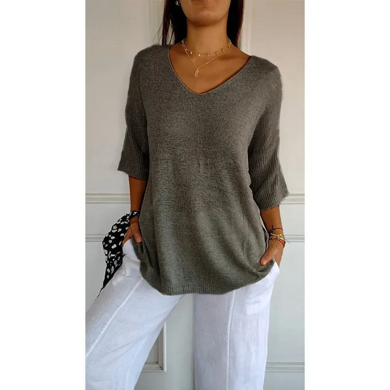 Tango V-Neck Relaxed Knit 3/4 Sleeve Sweater Top Castello Clothing Line