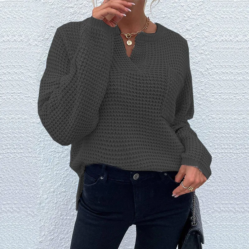 Horizon Waffle Knit V-Neck Long Sleeve Sweater Castello Clothing Line
