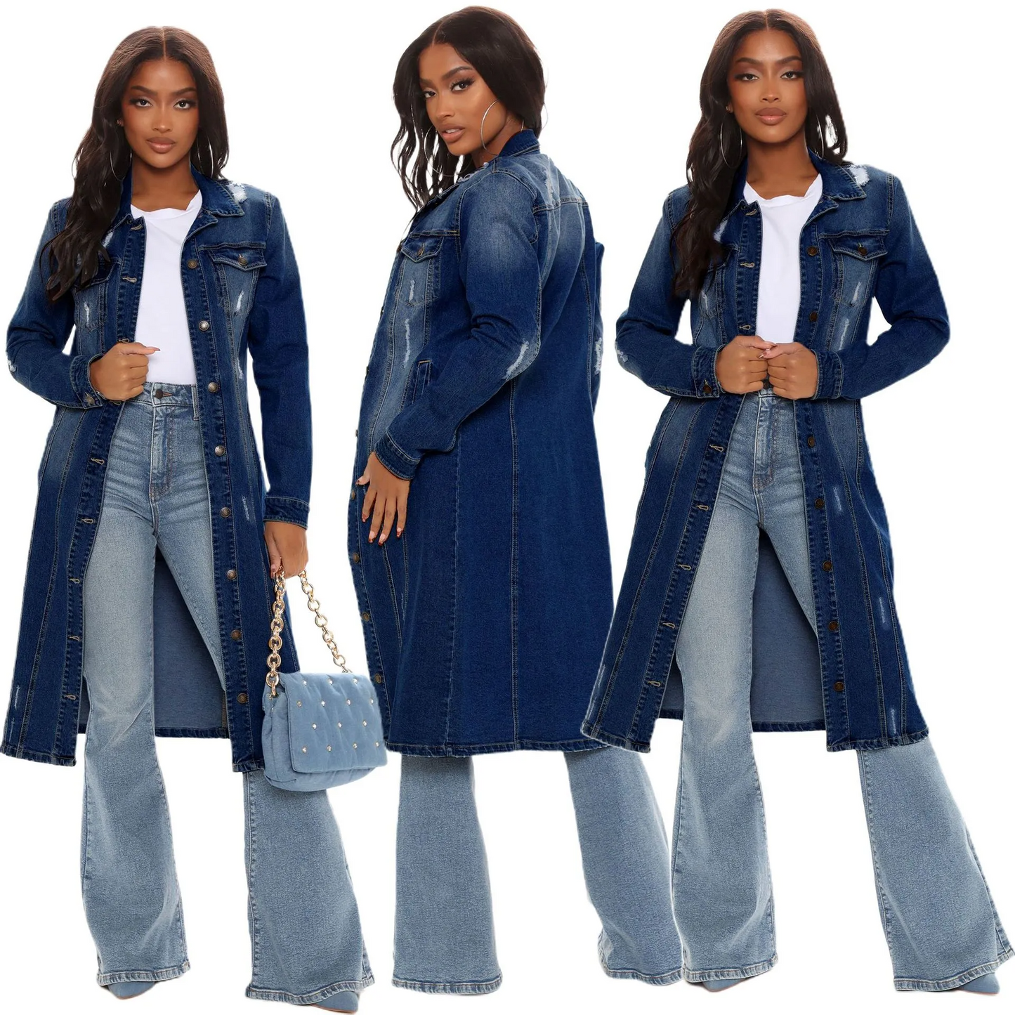 CityStride Distressed Longline Button-Up Denim Duster Jacket Castello Clothing Line