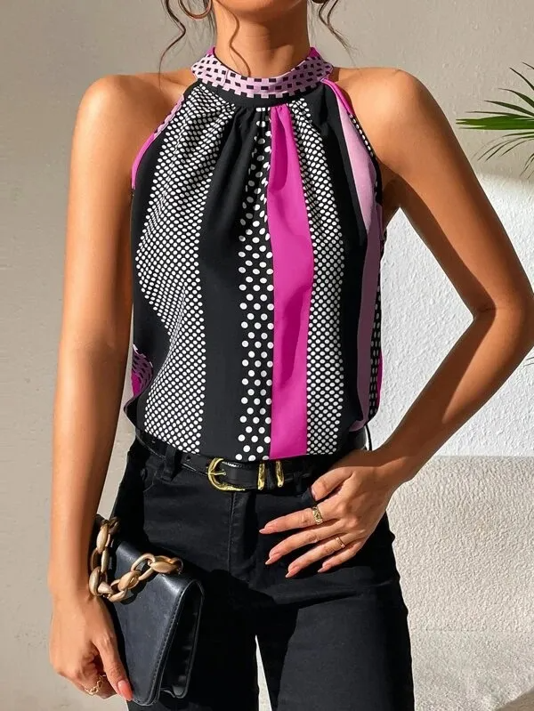 City Charm Halter Neck Polka Dot Stripe Sleeveless Top Castello Clothing Line
