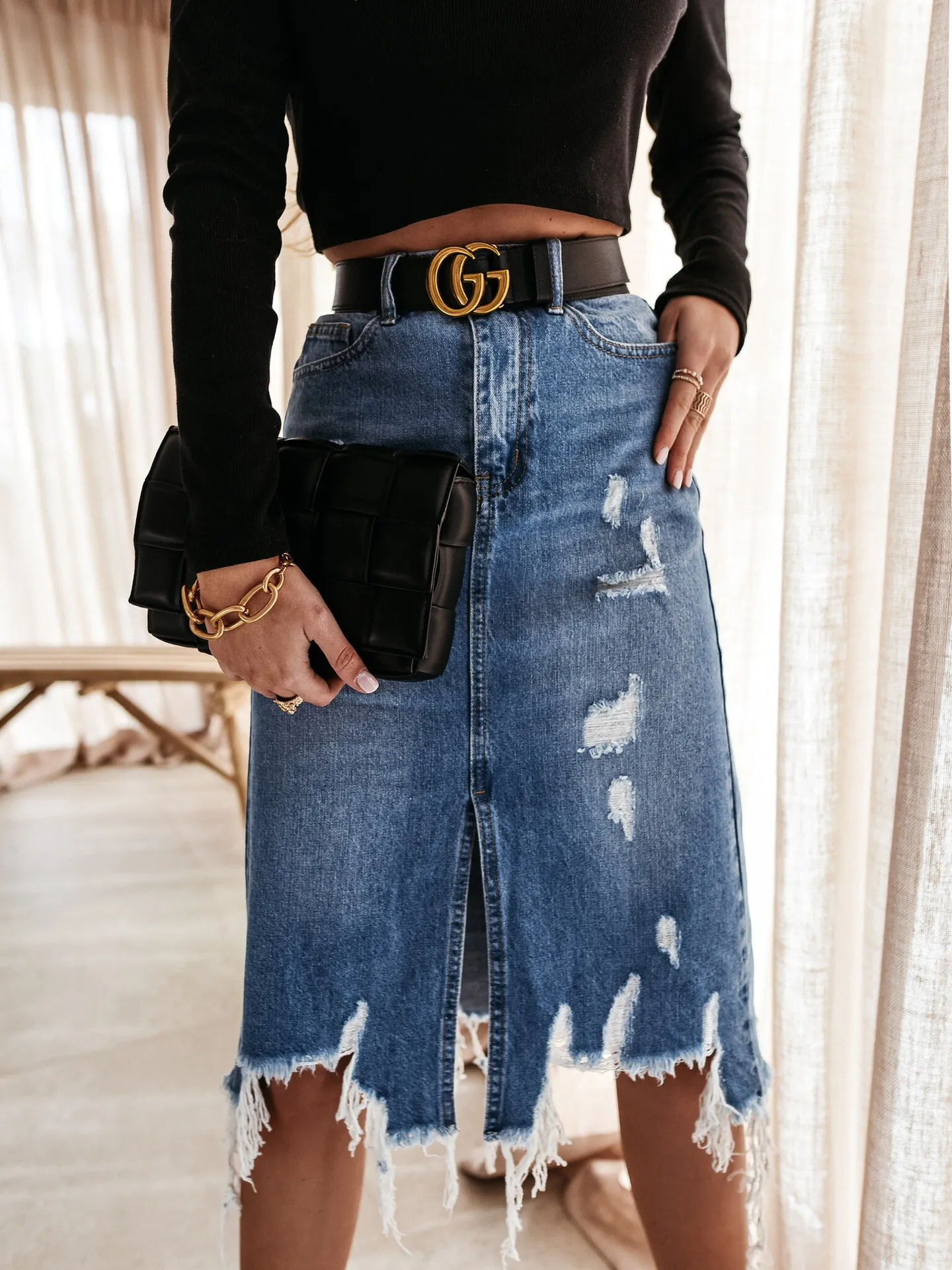 Ripped to Shreds Distressed Denim Skirt  Castello Clothing Line   