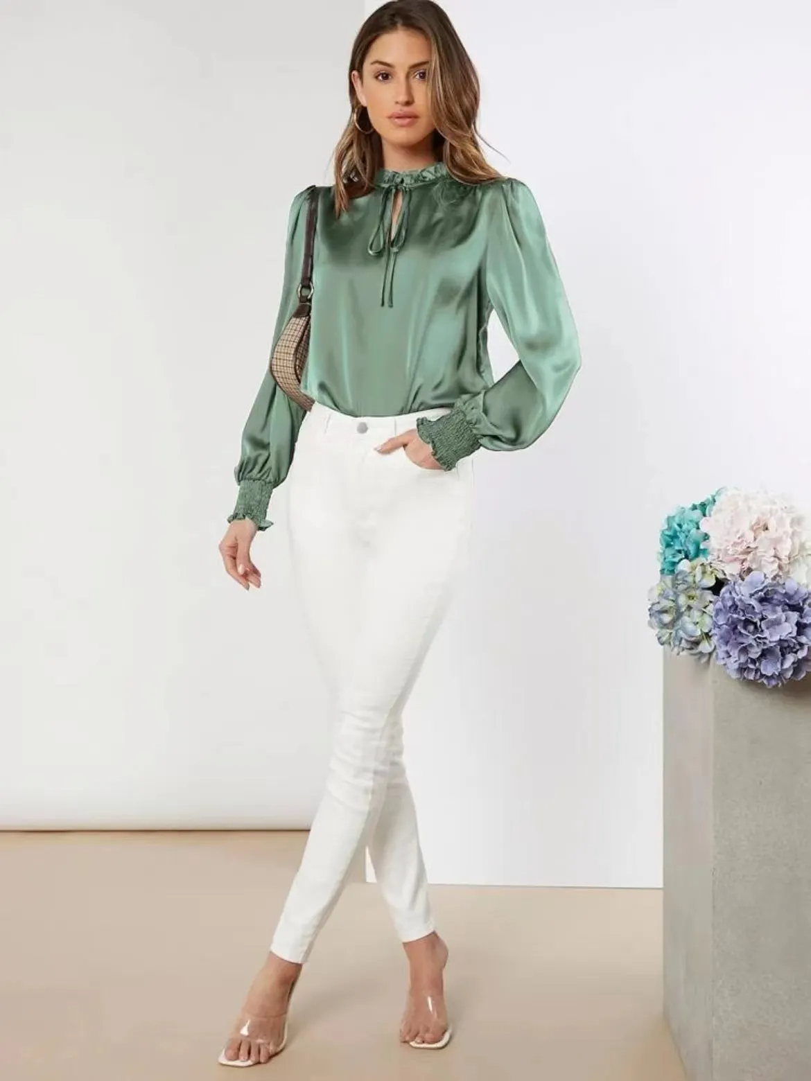 Charmette Ruffle Tie-Neck Long Sleeve Blouse  Castello Clothing Line   