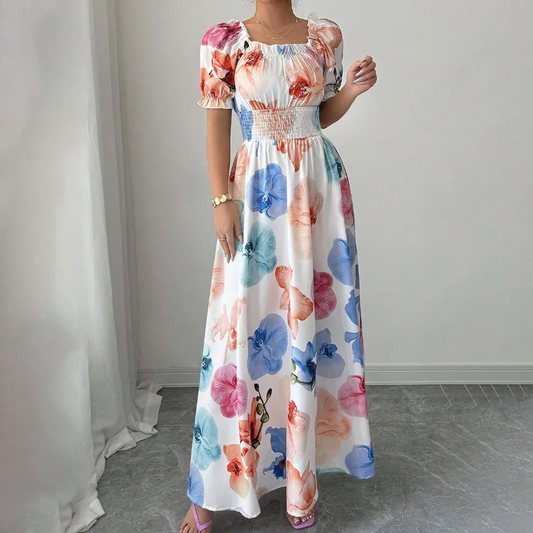 Eleanor Floral Print Smocked Puff Sleeve Maxi Dress maxi dress Castello Clothing Line