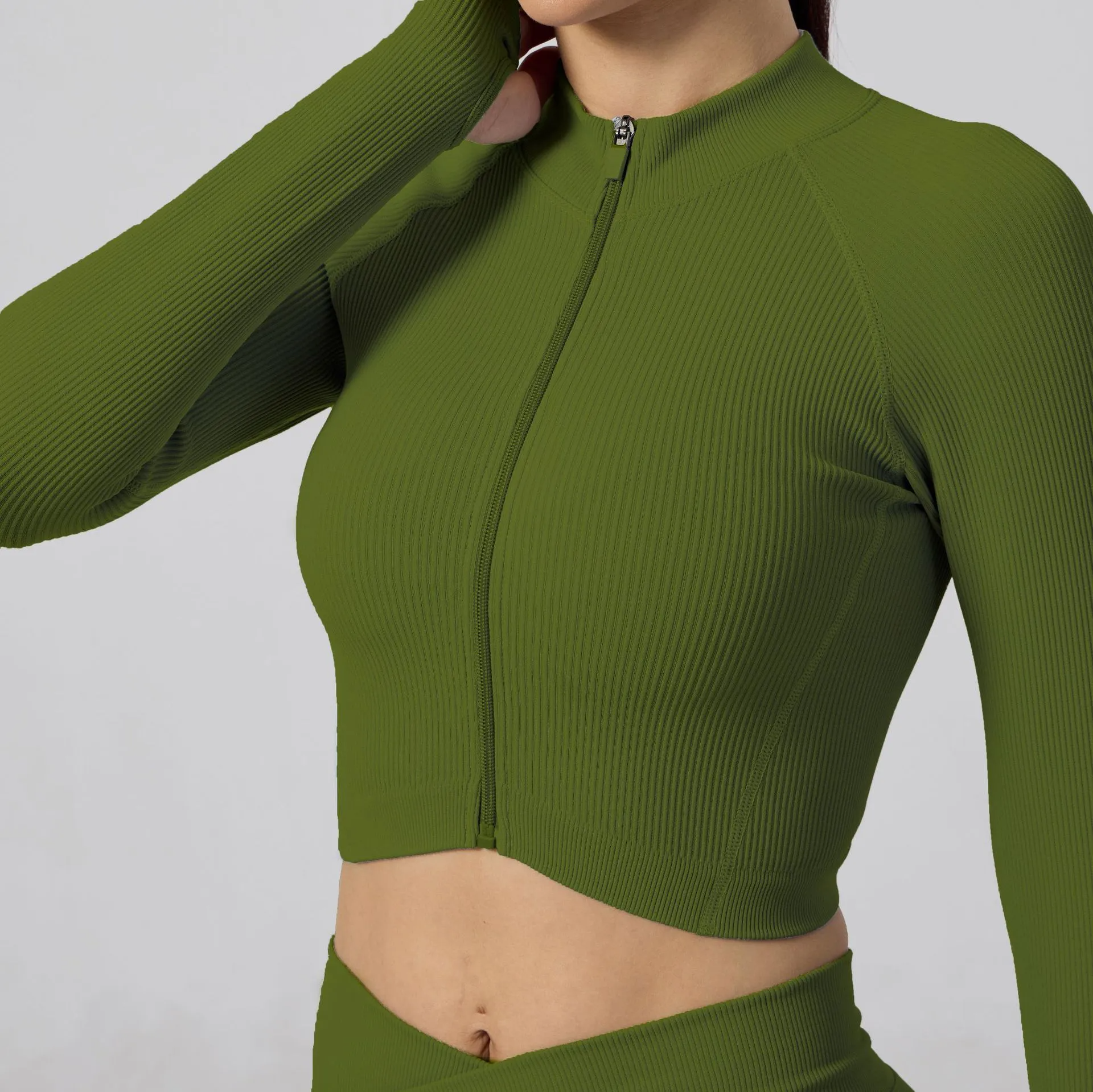 Eve Ribbed Long Sleeve Zip Front Thumbhole Crop Top workout tops and t-shirts Castello Clothing Line