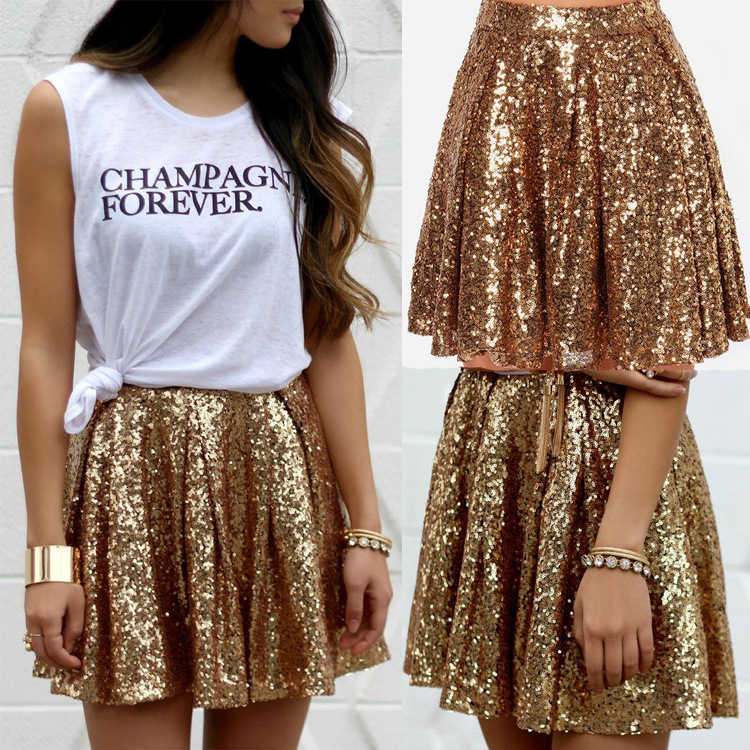 Sequin Mini Flare Skirt in Gold Glitter  Castello Clothing Line   
