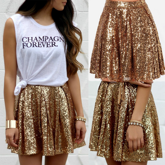 Sequin Mini Flare Skirt in Gold Glitter  Castello Clothing Line   