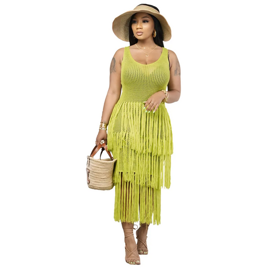 Shea Sleeveless Crochet Tiered Fringe Midi Dress midi dress Castello Clothing Line