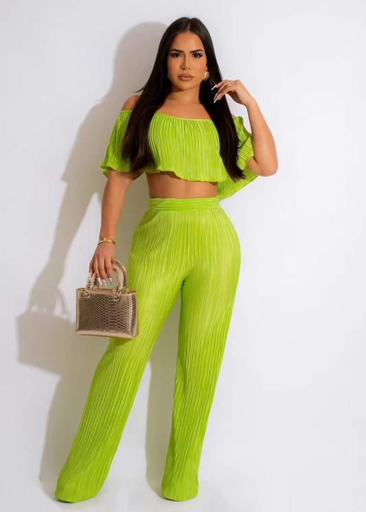 Off Shoulder Ruffled Crop Top & High Waisted Wide Leg Pants Set  Castello Clothing Line   