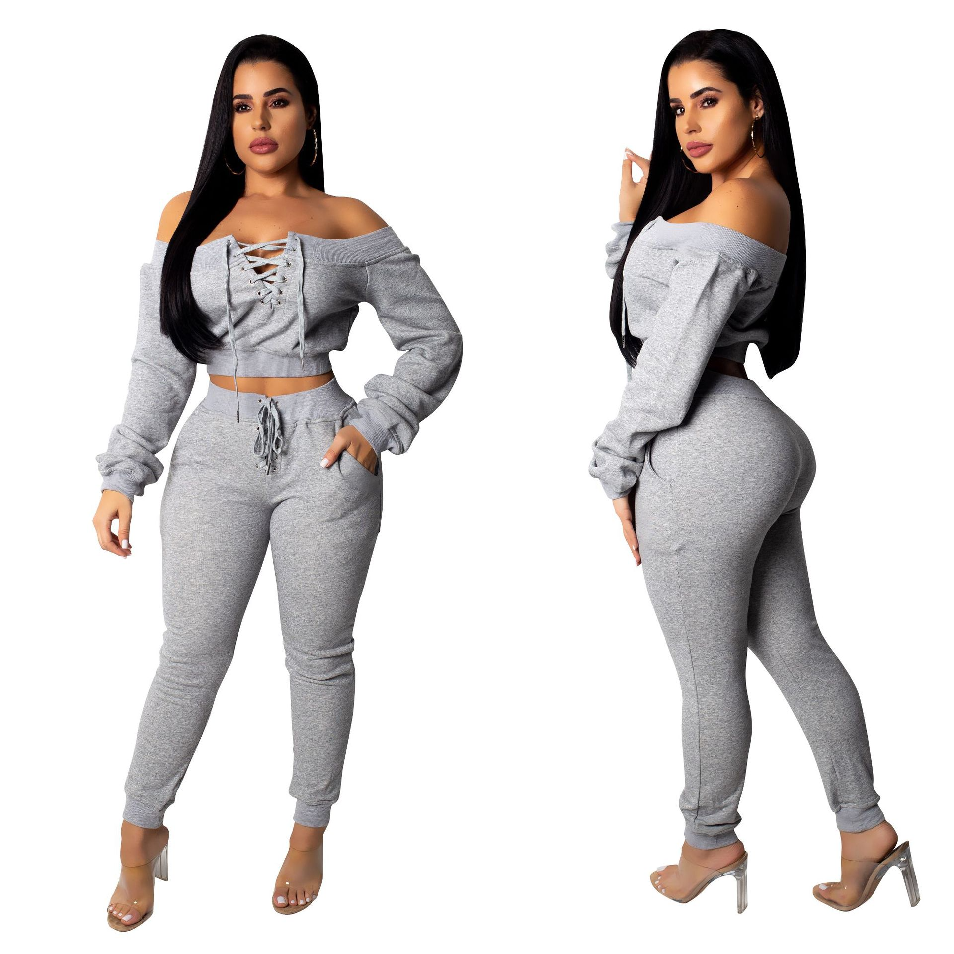 Flirt Lace-Up Off Shoulder Jogger Lounge Set  Castello Clothing Line   