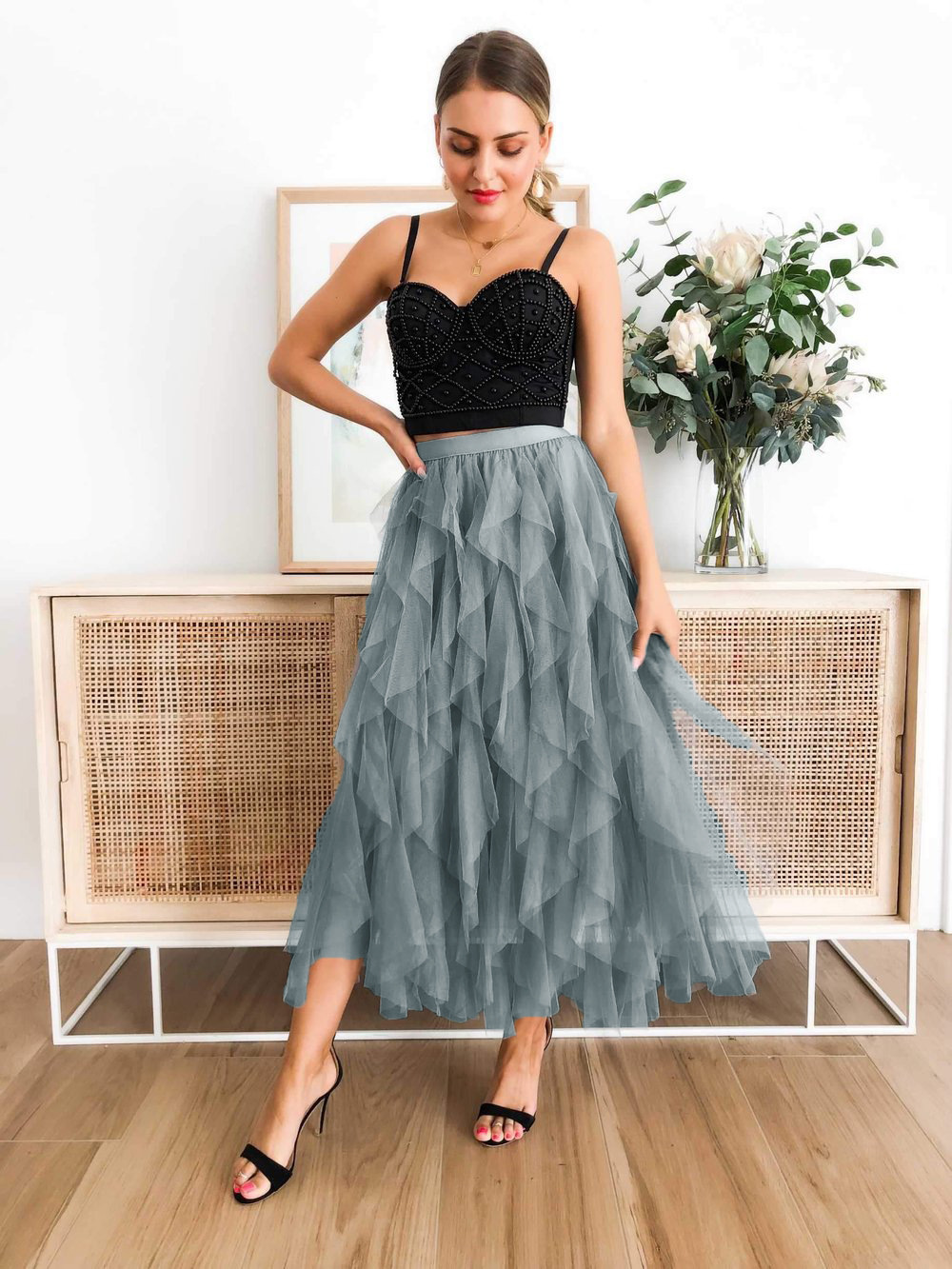 High Waist Maxi Skirt with Layered Mesh Lace  Castello Clothing Line   