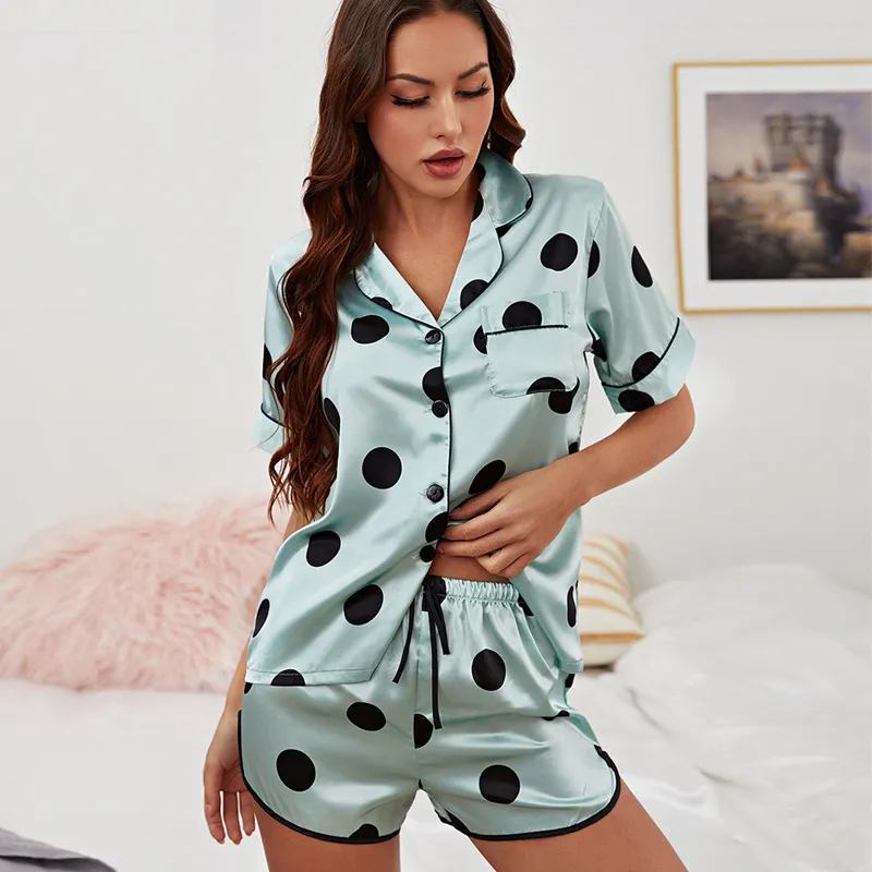 Bubbly Polka Dot Satin Button-Up Top and Shorts Lounge Set  Castello Clothing Line   