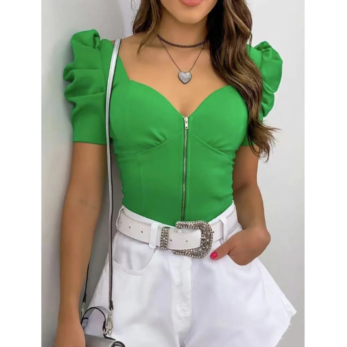 Drama Sweetheart Neck Puff Sleeve Zipper Corset Top Castello Clothing Line