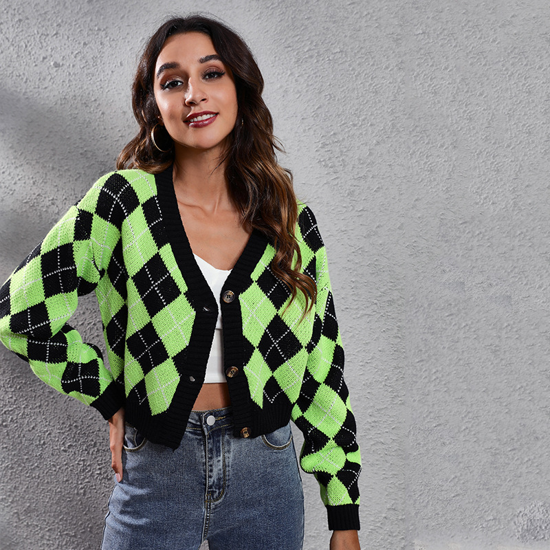 Argyle Vibes Button-Up Long Sleeve Knit Cardigan Castello Clothing Line