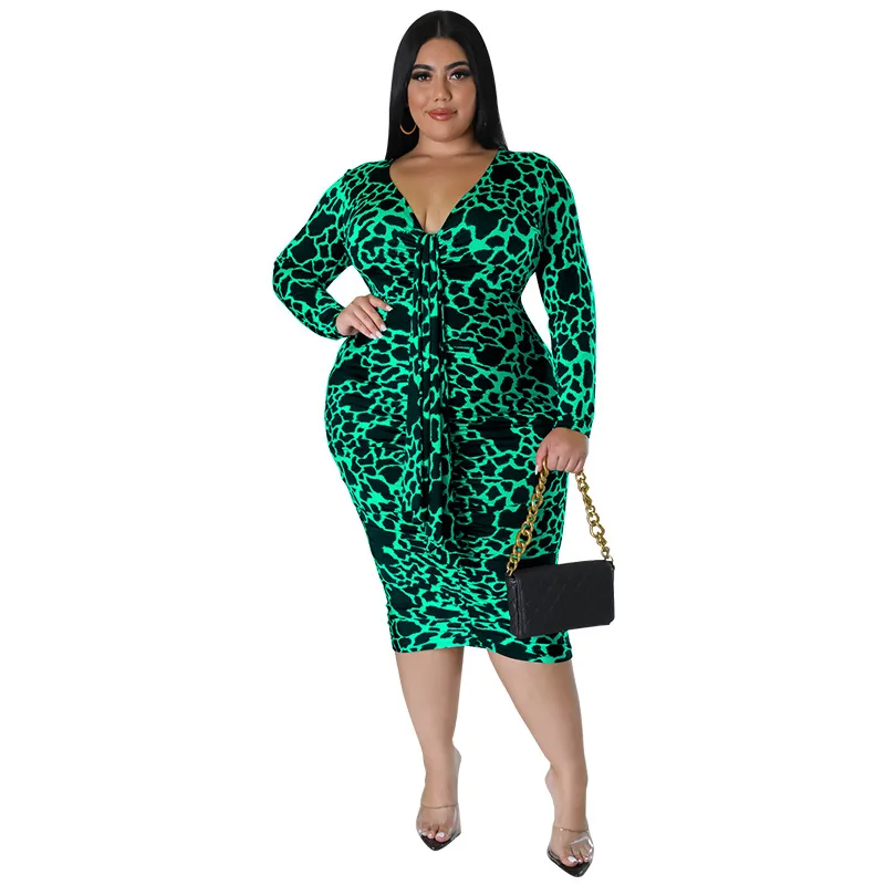 Olivia Plus Ruched Animal Print Long Sleeve Bodycon Midi Dress midi dress Castello Clothing Line