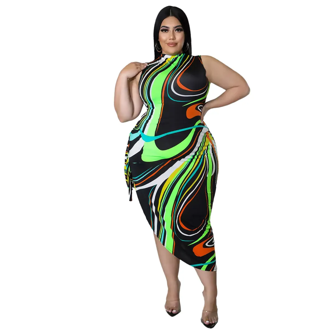 Natalie Plus Size Abstract Print Side Cutout Bodycon Midi Dress midi dress Castello Clothing Line