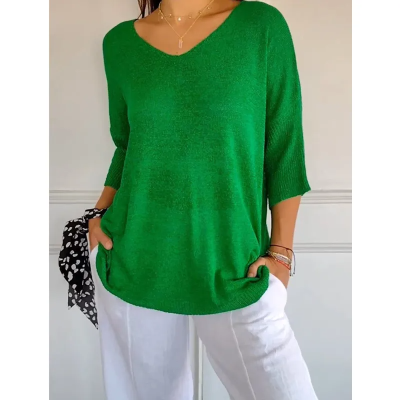 Tango V-Neck Relaxed Knit 3/4 Sleeve Sweater Top Castello Clothing Line