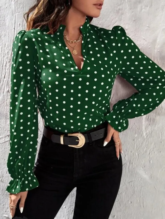 Amara Polka Dot V-Neck Puff Sleeve Blouse Castello Clothing Line
