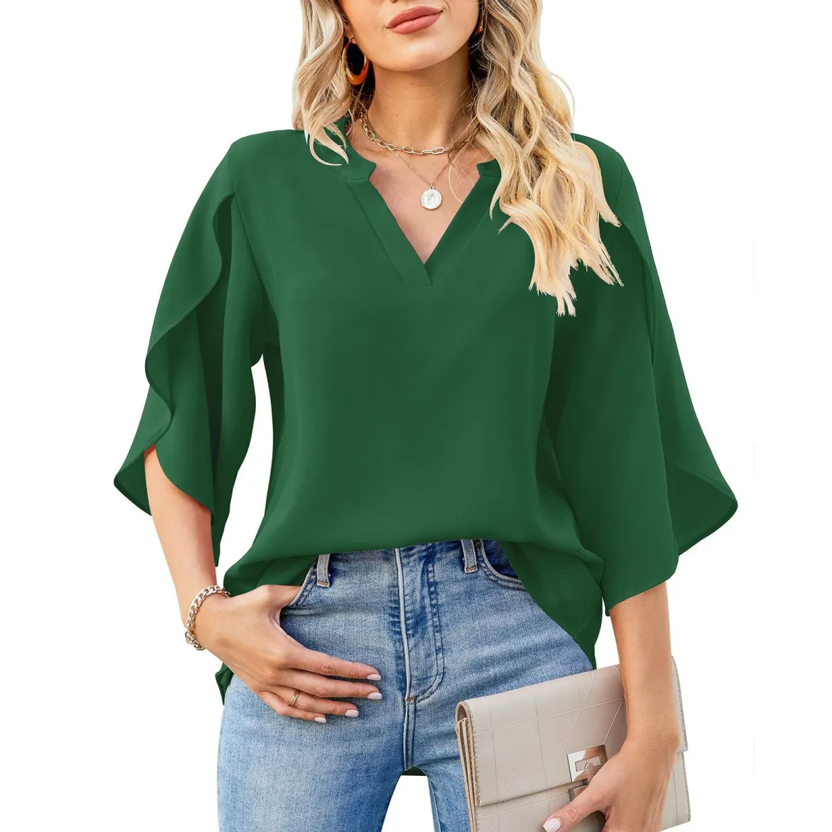 Pizzazz V-Neck Split 3/4 Sleeve Flowy Blouse Castello Clothing Line