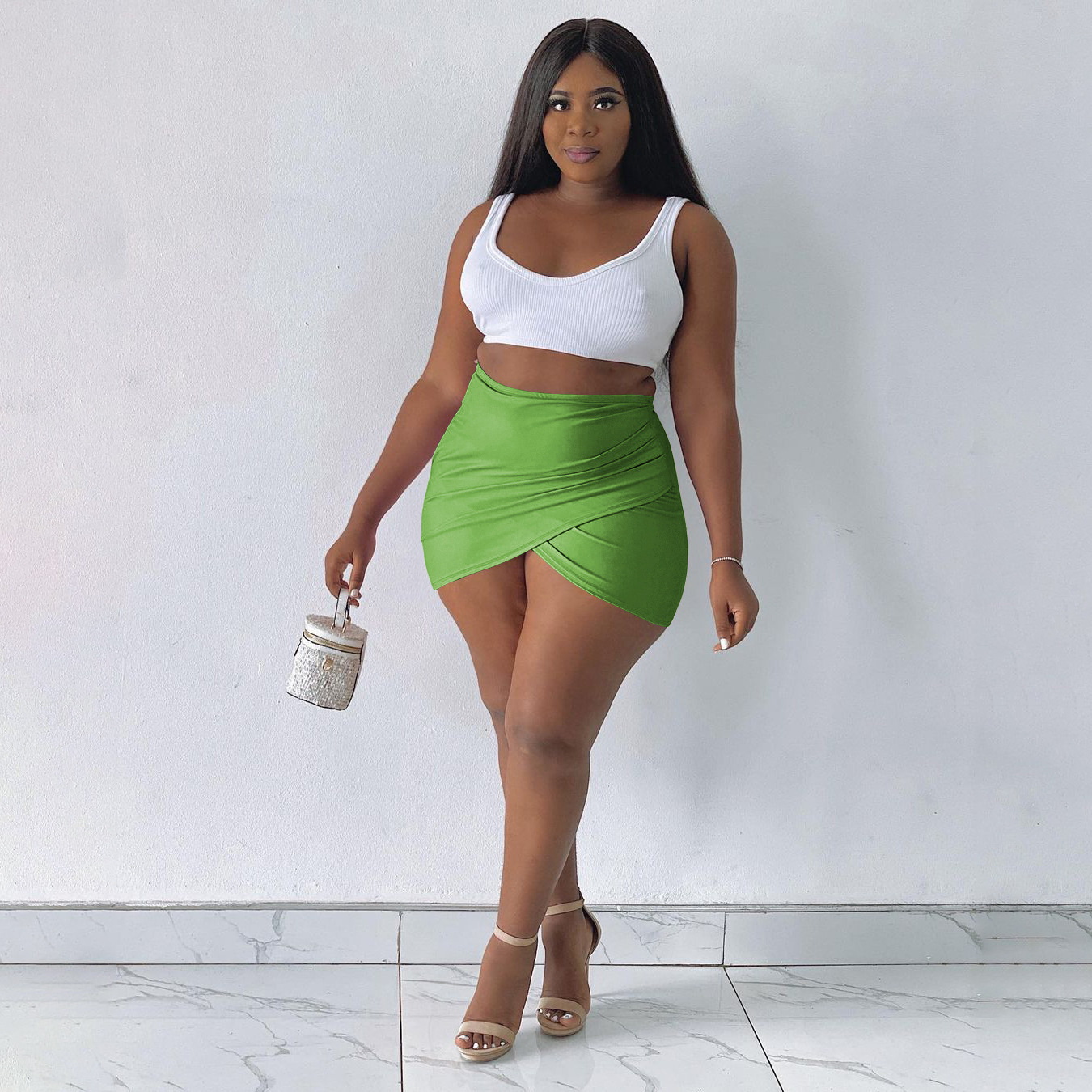 High Waist Mini Wrap Skirt - Slim Fit & Ultra Short - Polyester/Spandex  Castello Clothing Line   