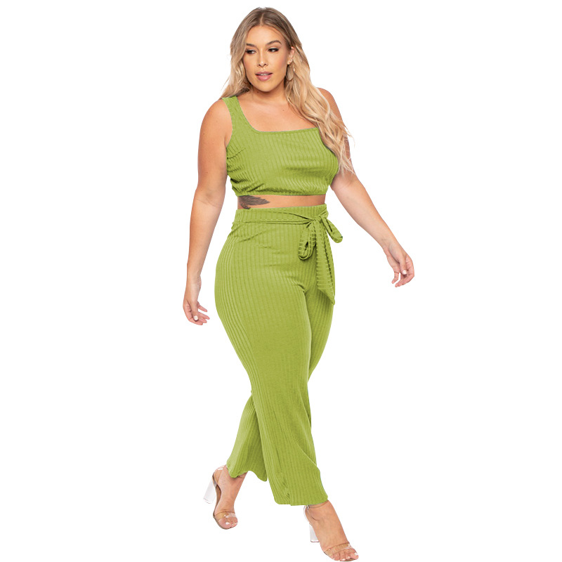 Plus Size Ribbed Crop Top & High Waist Pants Set  Castello Clothing Line   