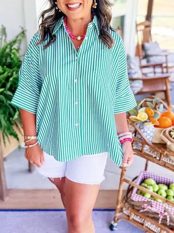 Coastal Charm Striped Oversized Button-Up Shirt Castello Clothing Line