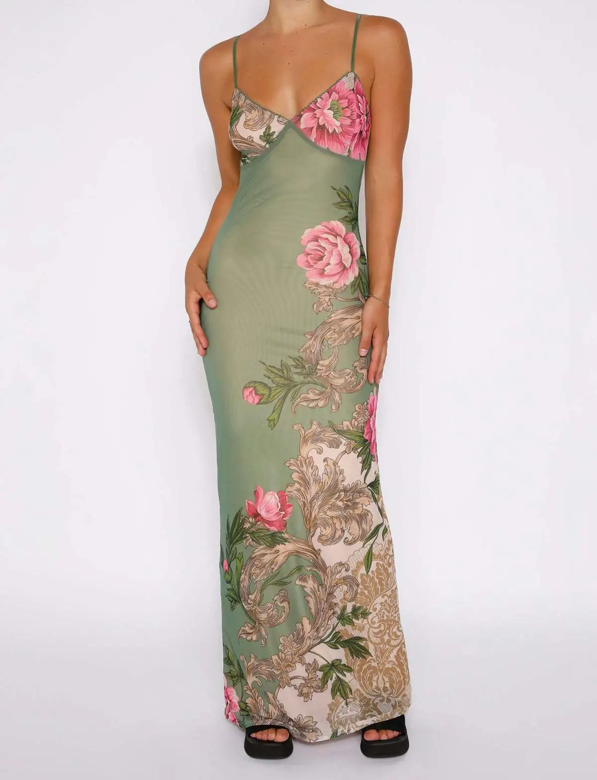 Mia Floral Print Spaghetti Strap Bodycon Maxi Dress maxi dress Castello Clothing Line