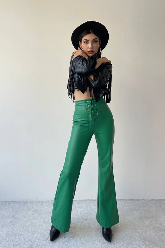 Juno High-Waisted Lace-Up Faux Leather Flare Pants Castello Clothing Line