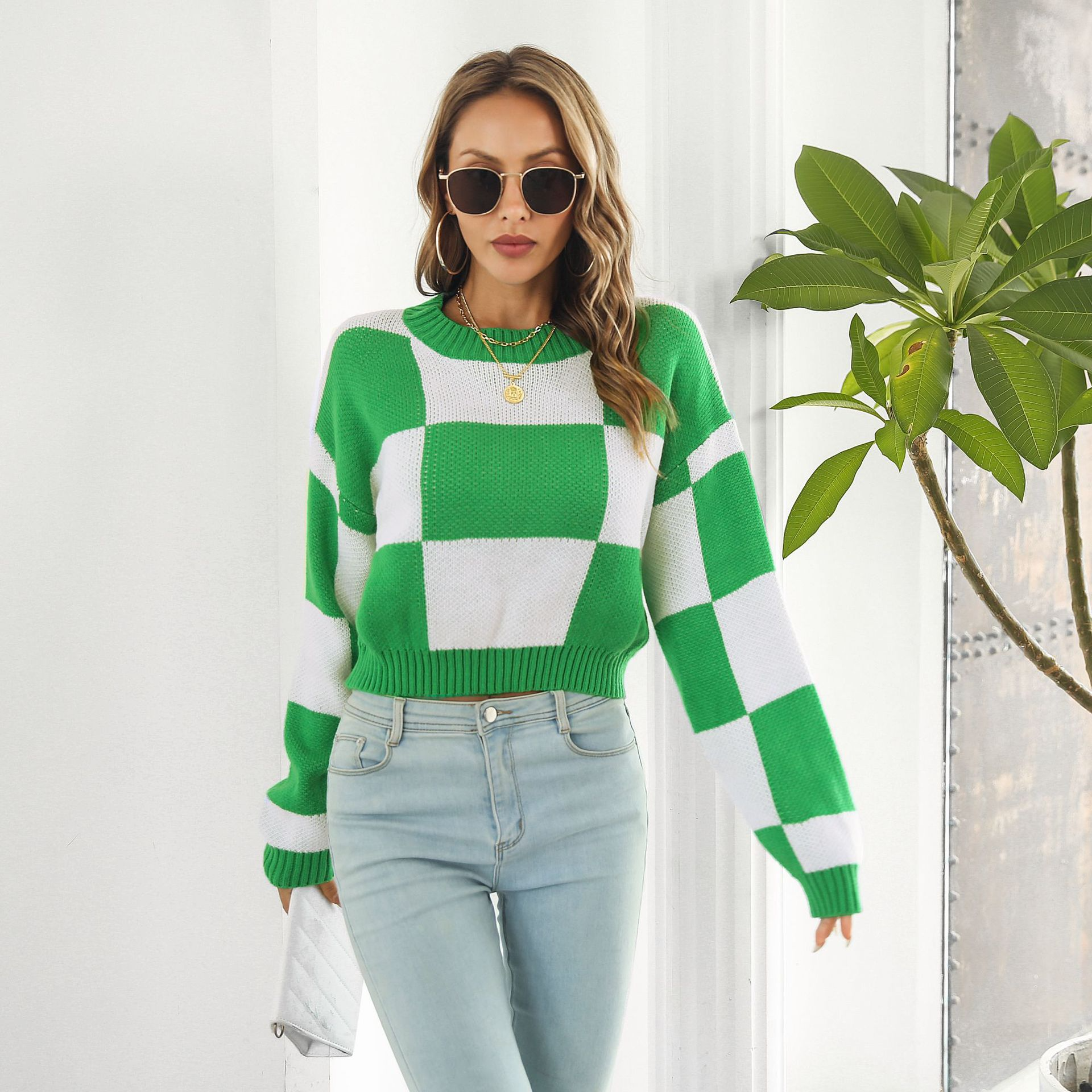Impact Checkered Knit Cropped Long Sleeve Sweater Castello Clothing Line
