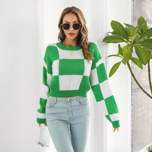 Impact Checkered Knit Cropped Long Sleeve Sweater Castello Clothing Line