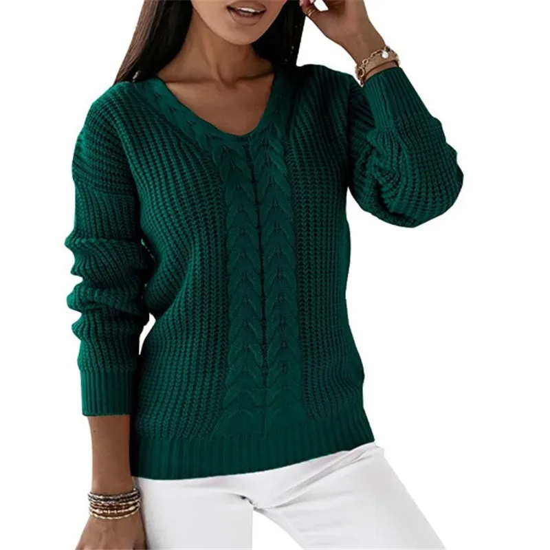 Rise V-Neck Cable Knit Long Sleeve Sweater Castello Clothing Line