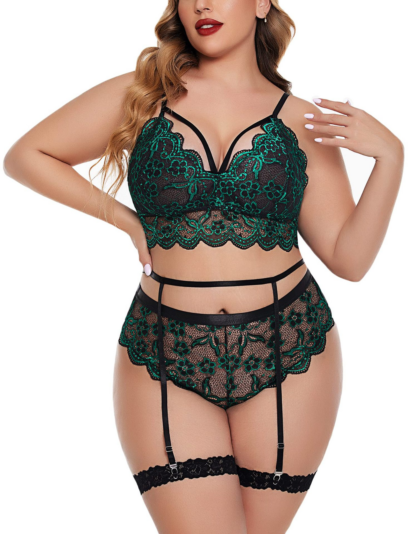 Lace Cut-Out Lingerie Set with Garter - Sexy Lace/Spandex Bra and Panty Set  Castello Clothing Line   