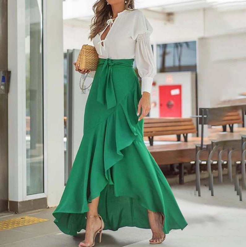 High Waist Ruffle Maxi Skirt - Elegant Fishtail Style, Polyester Fiber Material  Castello Clothing Line   